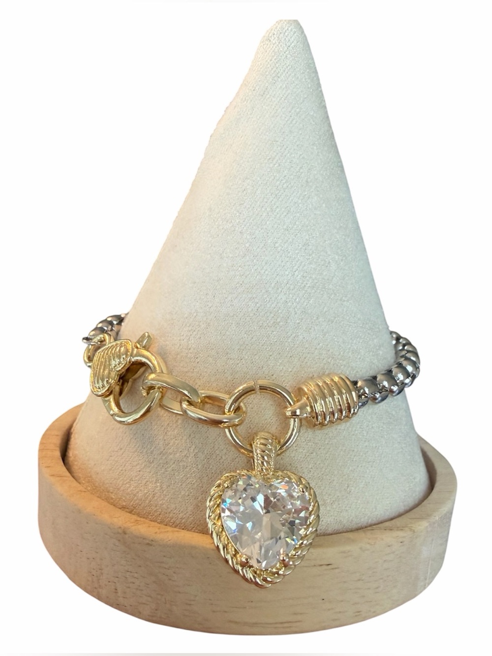 Rhodium Plated Gold and Silver Heart Charm Bracelet with Crystal Pendant